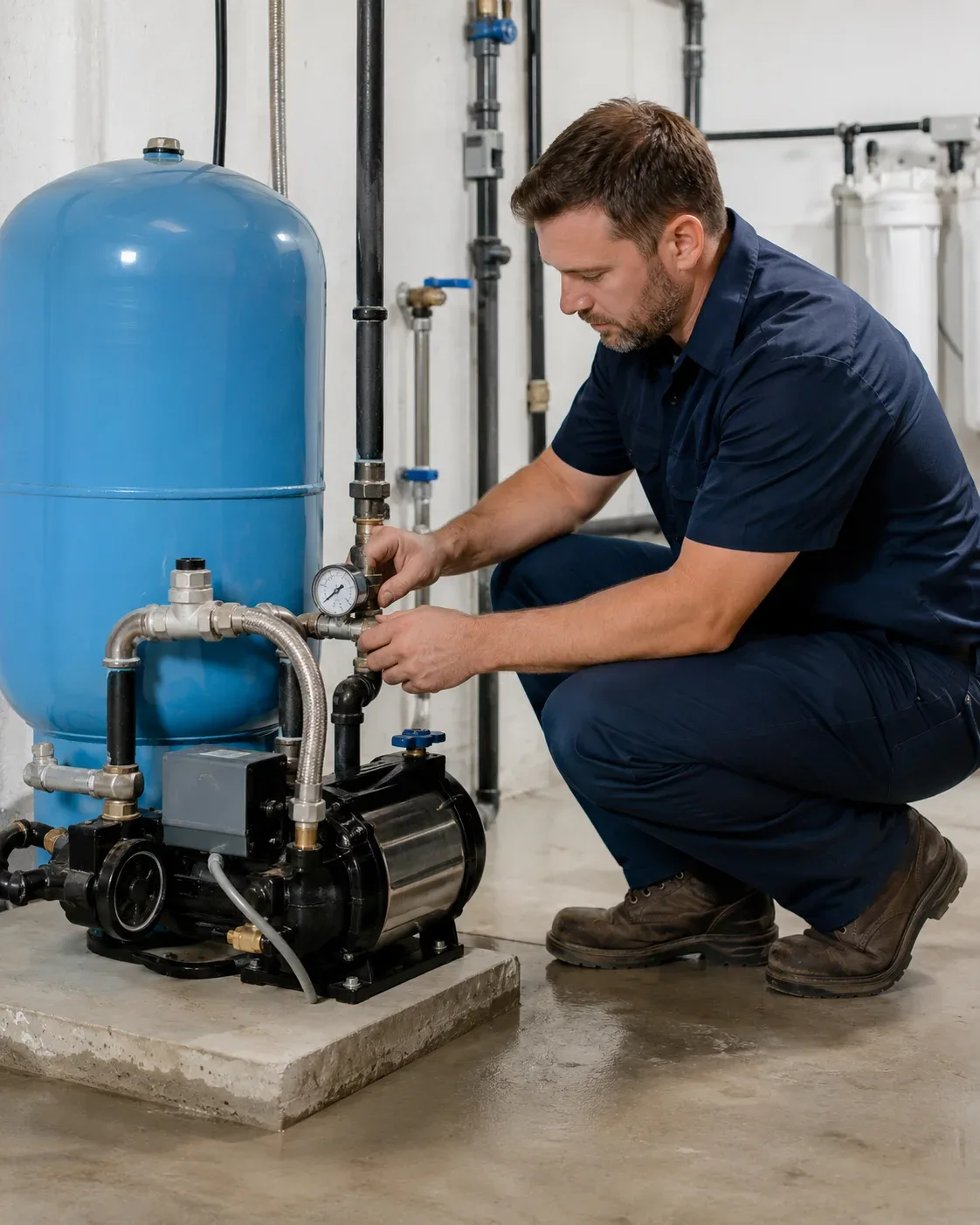 Technicien travaillant sur un système de pompe de puits résidentiel
